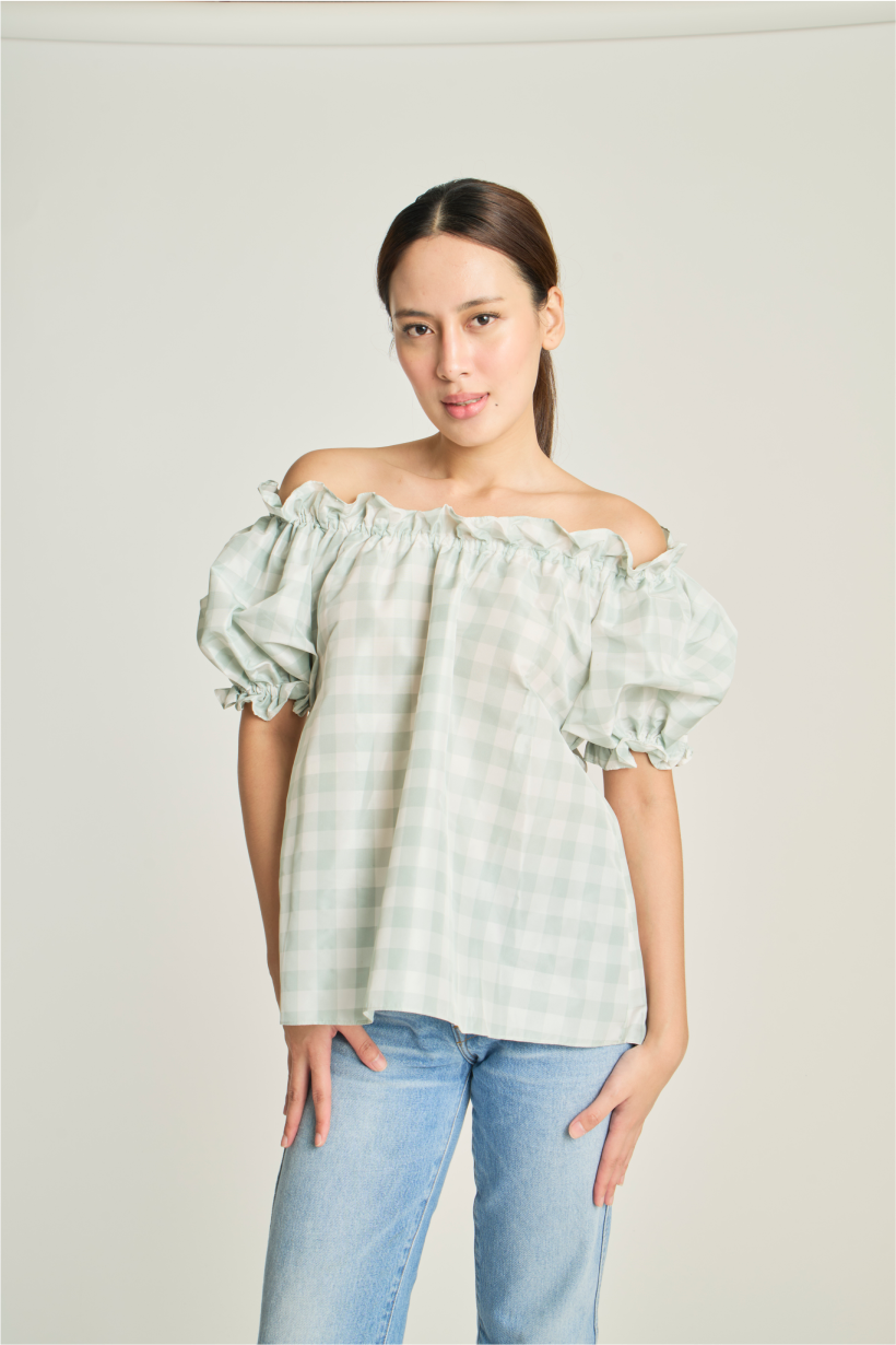 Checkered Pouf Top - Blue