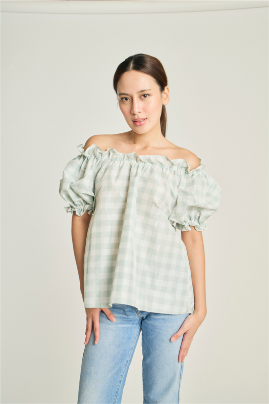 Checkered Pouf Top - Blue