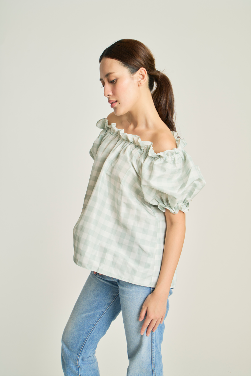 Checkered Pouf Top - Blue
