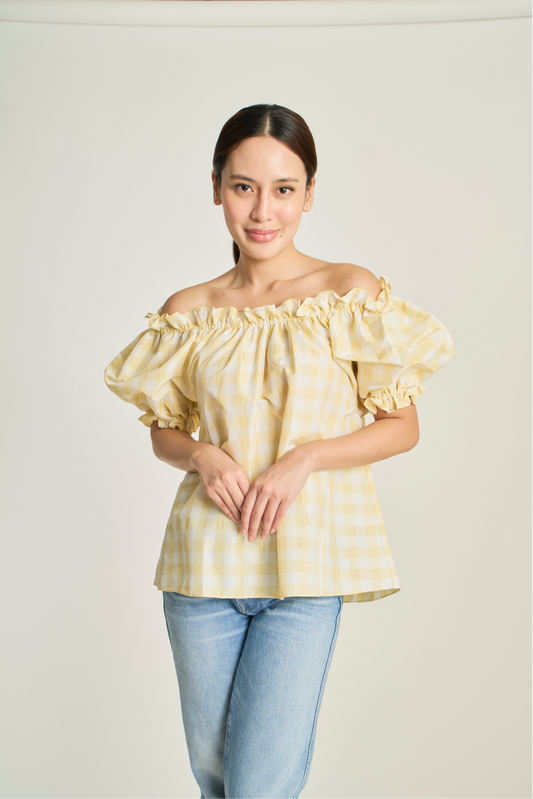 Checkered Pouf Top - Yellow
