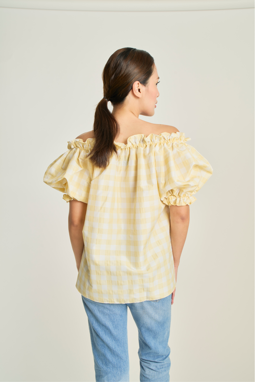 Checkered Pouf Top - Yellow