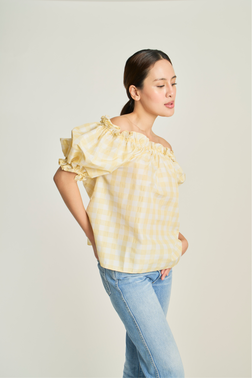 Checkered Pouf Top - Yellow